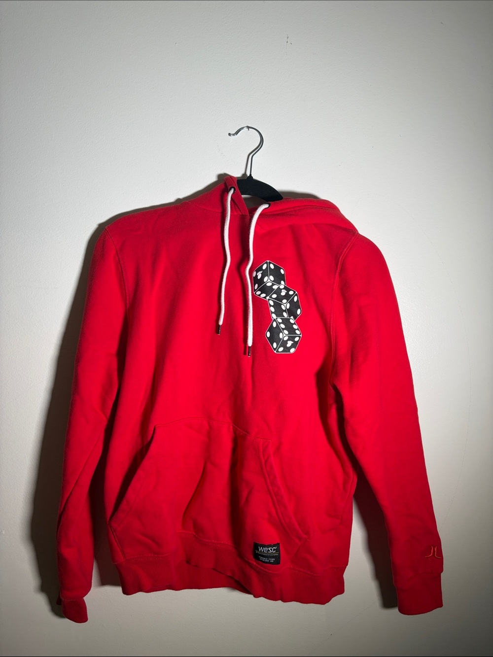 WESC Red Mens Hoodie with Black-and-White Dice Graphic